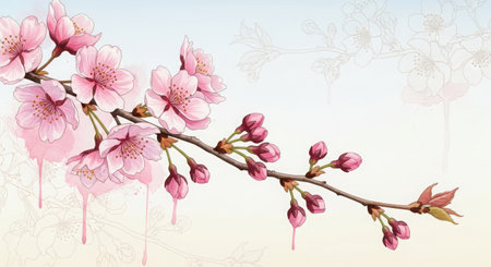 cherry blossom branch with pink flowers on a soft pastel backgroundの素材