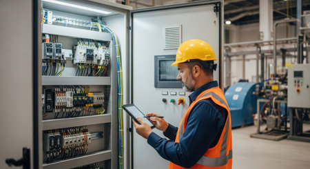 Engineer using digital tablet while standing in control room of power plantの素材