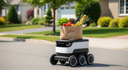 Food delivery concept. Paper bag with fresh vegetables and fruits on toy cart.の素材