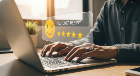 Customer reviews concept illustrated by a picture on background with a laptop computerの素材
