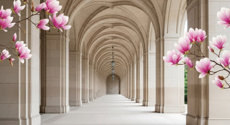 magnolia flower in the archway of a building with columnsの素材