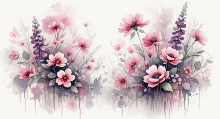 Hand drawn watercolor floral background with pink flowers. Vector illustration.の素材