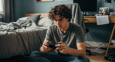 young man playing video game with joystick in bedroom at home on weekendの素材