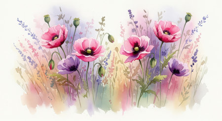Watercolor floral background with poppies and lavender flowers.の素材