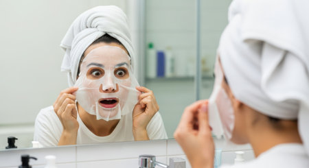 young woman with towel on head applying cosmetic mask on face in bathroomの素材