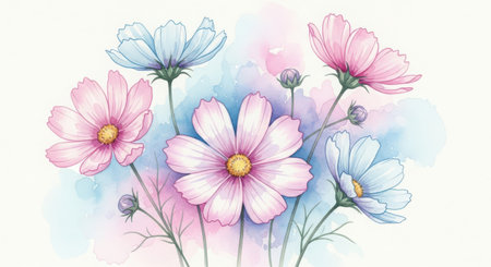 Cosmos flowers on watercolor background. Hand drawn vector illustration.の素材