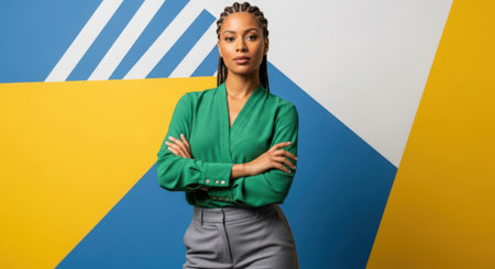 african american businesswoman with crossed arms looking at camera on yellow and blue backgroundの素材
