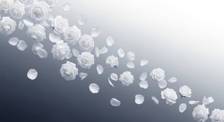 White rose petals fly in the air on a gray background.の素材