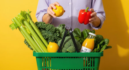 Woman holding shopping basket full of healthy food on yellow background, closeupの素材