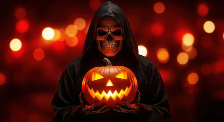 Halloween concept. Scary halloween pumpkins in the hands of a man in death costume.の素材