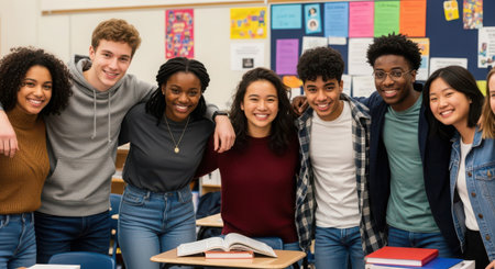 group of happy african american high school students at school classroomの素材
