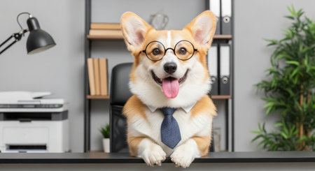 Cute welsh corgi pembroke dog in glasses sitting on the desk in officeの素材