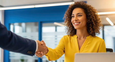 african american businesswoman shaking hands with colleague at office deskの素材