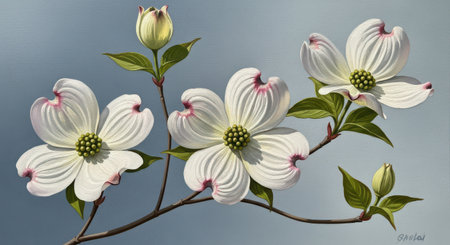 Flowering dogwood (Cornus florida) on blue backgroundの素材