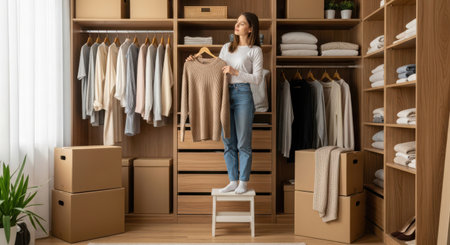 Young woman choosing clothes in wardrobe, panorama with space for textの素材