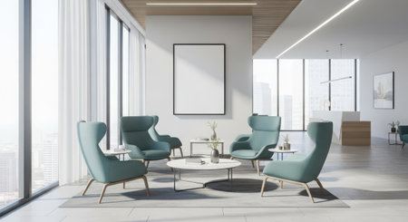 Interior of modern cafe with white walls, tiled floor, comfortable green armchairs standing near round tables and vertical mock up poster. 3d renderingの素材