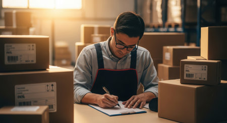 Young Asian man working in warehouse, he is checking boxes and writing in notebookの素材