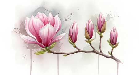 Magnolia flowers on a branch with watercolor splashes. Vector illustration.の素材