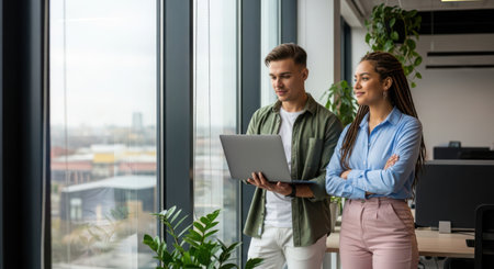 Young business people working on laptop computer in modern office. They are standing near panoramic window. Front viewの素材