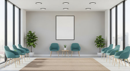 Interior of modern waiting room with white walls, tatami floor, blue armchairs and vertical mock up poster. 3d renderingの素材