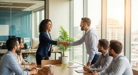 Business people shaking hands, finishing up a meeting. Multiethnic business team congratulating each other with success.の素材