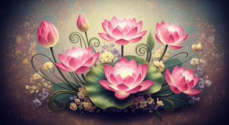 Beautiful pink lotus flowers on grunge background. Vector illustration.の素材