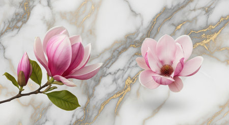 Magnolia flowers on a marble background. 3d rendering, 3d illustration.の素材