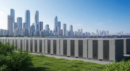A row of solar panels in a row with cityscape in the backgroundの素材