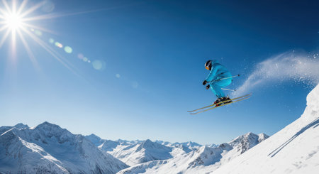 Flying skier on mountains. Extreme winter sport. 3d renderingの素材