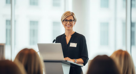 Portrait of smiling businesswoman standing in front of her colleagues in conference hallの素材