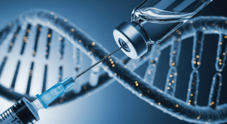 Vaccine and syringe with dna molecule on blue backgroundの素材