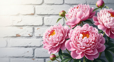 Beautiful peony flowers on white brick wall background. Copy spaceの素材
