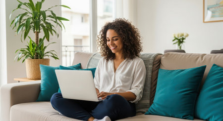 Happy african american woman using laptop on sofa in living room at homeの素材