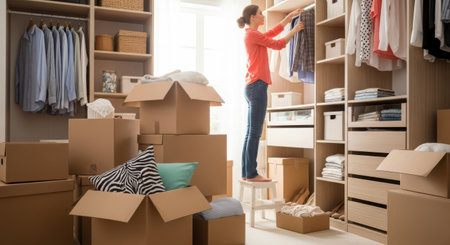 woman with cardboard boxes moving in new home. moving day and real estate conceptの素材