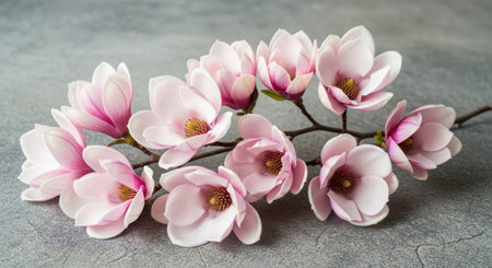 Beautiful pink magnolia flowers on grey stone background. Spring flowers.の素材