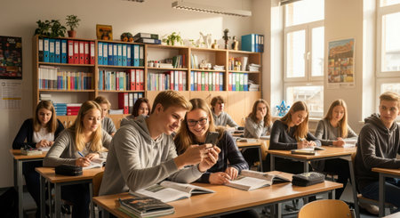 Front view of group of young students sitting at desks in classroom and studying together.の素材