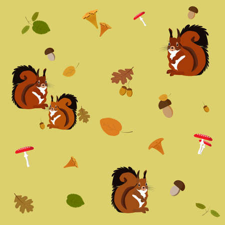 Vector autumn forest animals and leaves seamless pattern. Cute repeating background with squirrels, leaves, mushrooms, acorns. Thanksgiving symbols vector blob or digital paper.のイラスト素材