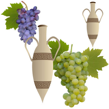 Red and white grapes with leaves and Greek amphorae for wine isolated on white background. Realistic vector pattern.のイラスト素材