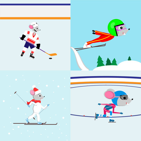 winter sports set with miceのイラスト素材