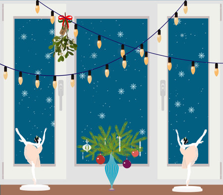 snowfall outside a window decorated for Christmasのイラスト素材