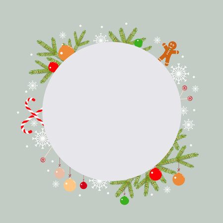 New Year and Christmas festive design with a circular frame made of snowflakes, fir branches, Christmas toys, candy canes and a gingerbread man on a light gray background. vector illustration.のイラスト素材