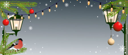 Banner of New Year and Christmas greetings, with a bullfinch, street lamps and branches of a Christmas tree with Christmas balls on a gray background with snowflakes and garlands of light bulbsのイラスト素材