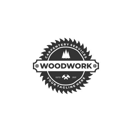 woodwork vintage  badge template vector illustration design. hammer, wood, and sawのイラスト素材