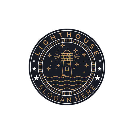 lighthouse night mode line art emblem vintage icon logo vector illustration template design. tower line art emblem logoのイラスト素材