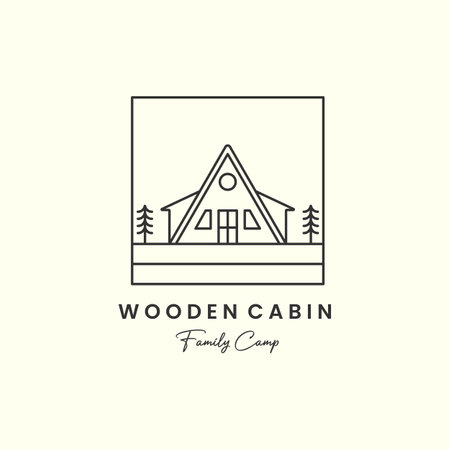 wooden cabin camp minimalist line art emblem logo template vector designのイラスト素材