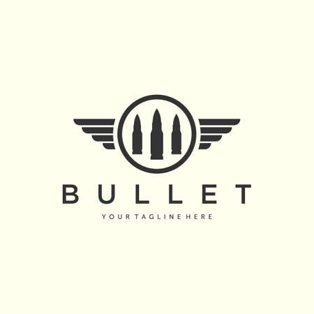 gun or bullet with vintage and insignia style logo vector illustration design icon template. soldier, shooter, military logoのイラスト素材