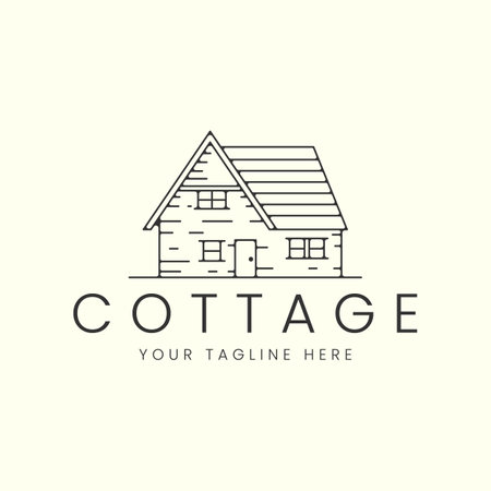 cottage with line art style logo vector illustration icon template design. barn, cabin, house logo designのイラスト素材