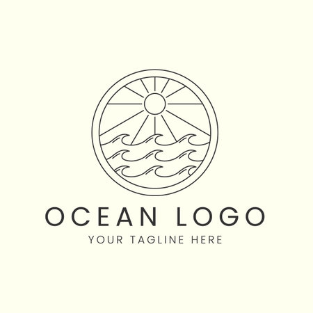 line art ocean minimalist with emblem style logo vector icon template illustration design. wave water, sun, sea, logo designのイラスト素材