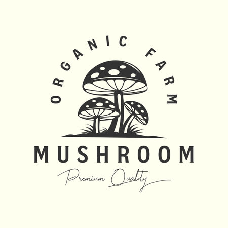 mushroom farm vintage logo vector template illustration design. champignon mushroom, organic product food logo conceptのイラスト素材