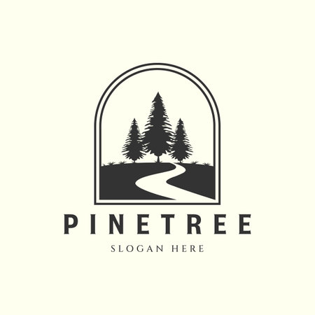 pine tree with river vintage vector style logo and emblem template illustration designのイラスト素材